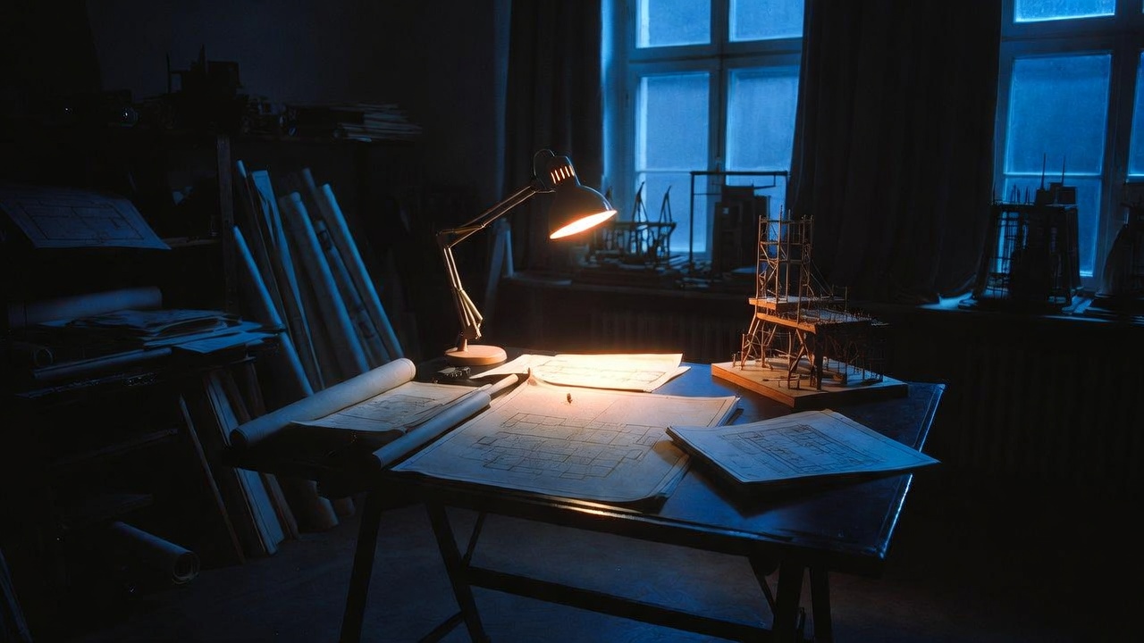 An architect's dark studio at night, warm lamp light on technical drawings and a scale model